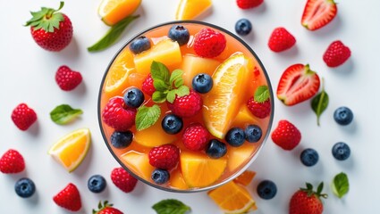 Fresh fruit salad with strawberries, blueberries, raspberries, oranges, and mint leaves on a white background