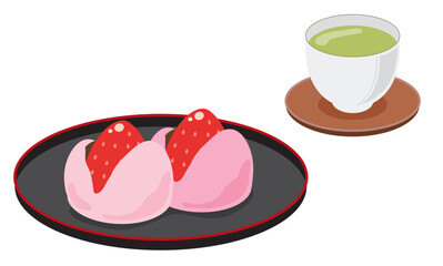 ピンクのいちご大福とお茶