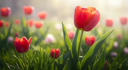 Obraz premium Red Tulips Blooming in a Green Field on a Sunny Day