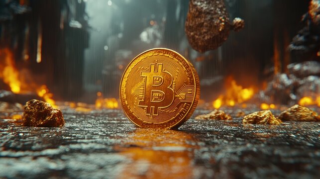 Bitcoin amidst fiery apocalyptic crypto mining scene - Powered by Adobe