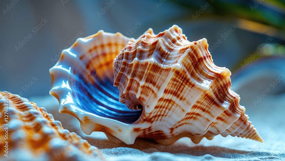Poster colorful seashell on a smooth surface with natural light highlighting its texture and detail