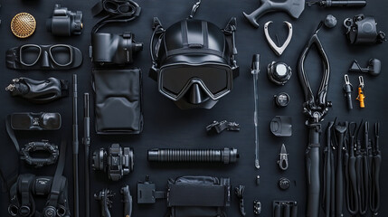 Set of flat elements for spearfishing diving underwater protective sea diver equipment vector professional hunter tools.