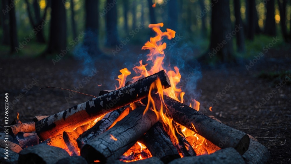 Poster campfire flames with burning logs in a forest setting surrounded by trees and smoke in the backgroun