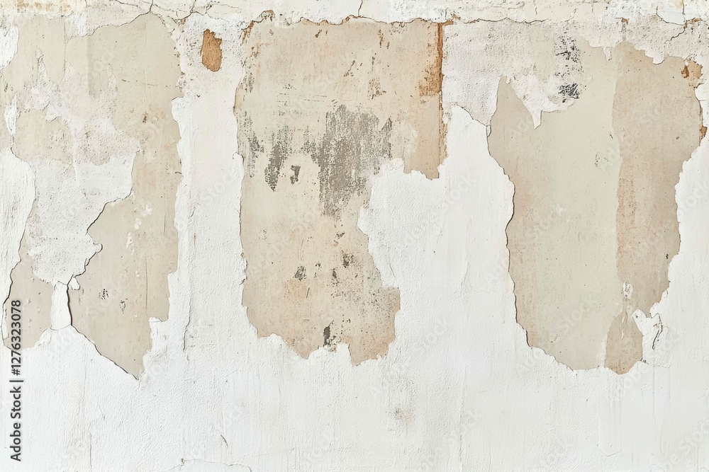 Poster deteriorating wall texture with peeling paint layers exposing underlying surface structures detail