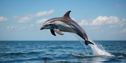Fototapeta premium Dolphin leaping out of ocean water with clear blue sky and scattered clouds in the background during sunny day