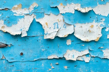 Faded Aqua Wall with Peeling White Paint Revealing Weathered History and Time Textured Surface