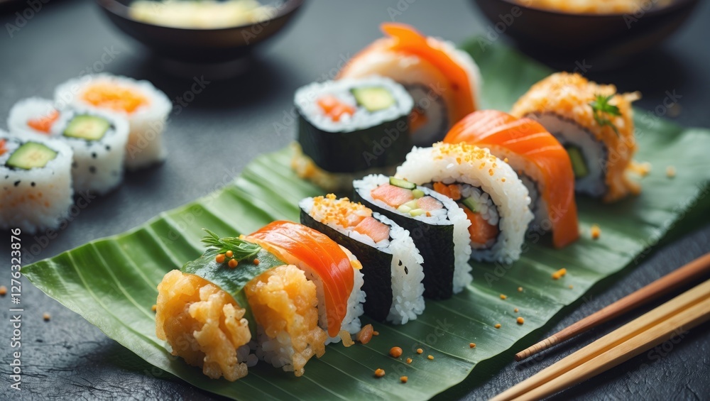 Poster assorted sushi rolls on a banana leaf with chopsticks and bowls of sauce in the background