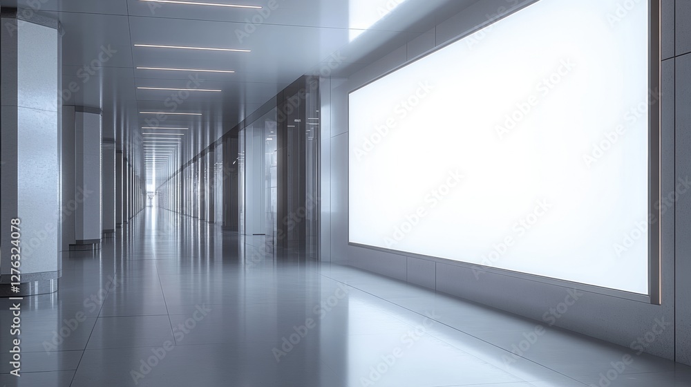 Poster modern building interior display area with futuristic architecture and reflective flooring design