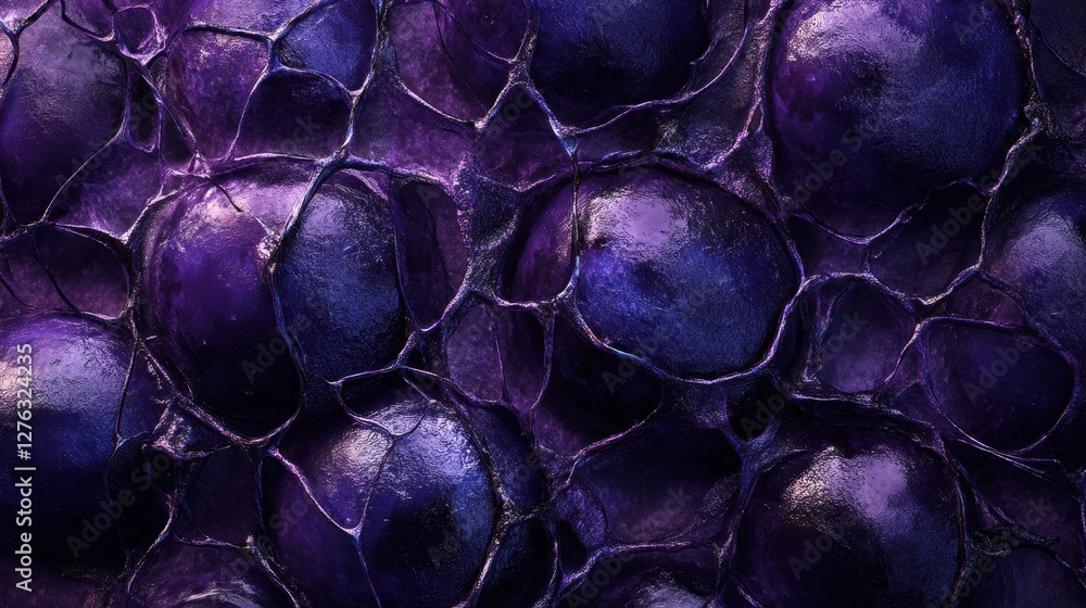 Poster close-up of shiny purple bubbles with organic network patterns in abstract design