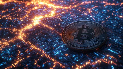 Bitcoin coin on futuristic city circuit board background with fiery energy