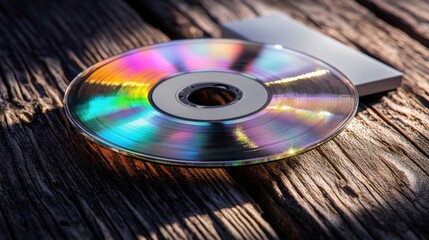 Fototapeta premium Optical Disc Data Storage Device and Portable Hard Drive on Rustic Wooden Plank Surface