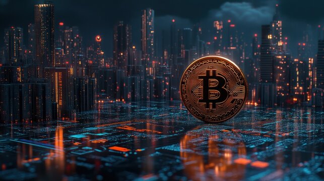Bitcoin coin on futuristic cityscape circuit board