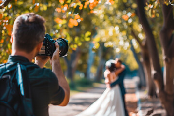 The videographer shootes the marrieds in the garden in the summer.
