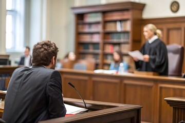 Witness in a courtroom setting, focused on attentive individual.
