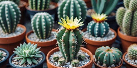Fototapeta premium Potted cacti and succulents in a garden with yellow flower bloom on a cactus showcasing diverse plant species in natural light