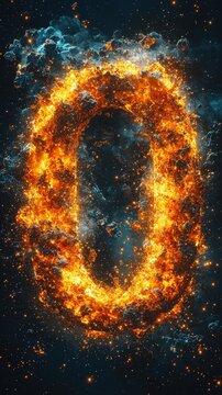Fiery number zero, cosmic background, abstract design, digital art