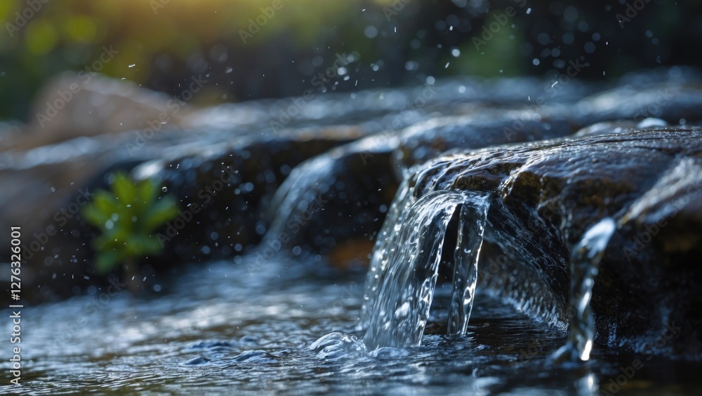 Aufkleber water flowing over rocks with splashes and droplets in a natural setting during daylight.
