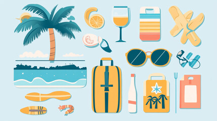 Travel time summer vacation vector accessory in flat style with traveling and tourism icons.