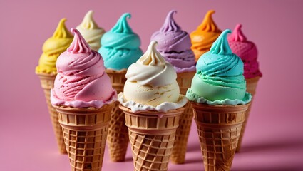 Colorful assortment of ice cream cones with various flavors arranged in a circle on a pink background