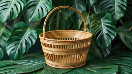 Fototapeta premium Woven bamboo basket on green tropical leaves background with vibrant foliage.