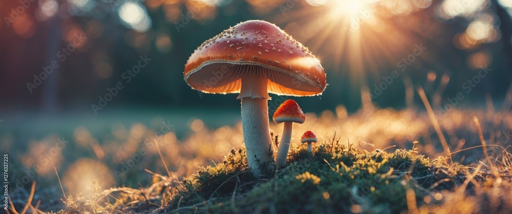 Poster mushrooms growing in sunlight with morning dew on a forest floor surrounded by grass and soft bokeh 