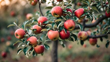 Obraz premium Ripened red apples hanging on a tree branch in an orchard during sunset with blurred background greenery