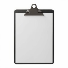 Isolated Black Clipboard with Blank White Paper Ready for Notes Taking and Data Collection Tasks