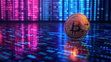 Bitcoin digital currency on glowing code background