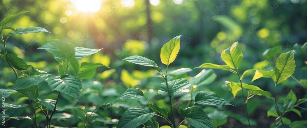 Poster sunlight filtering through green leaves in a forest during early morning creating a tranquil and vib