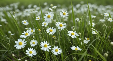 Daisies blooming in a green grass field with soft focus background and vivid colors of nature during spring season
