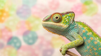 Fototapeta premium A chameleon camouflaged against a polka-dot background, looking embarrassed for failing to blend in properly.