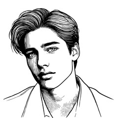 Portrait of handsome young man hand drawn ink pen on white background, vector sketch illustration cartoon guy for design beauty salon, fashion journal, barber shop, line art avatar