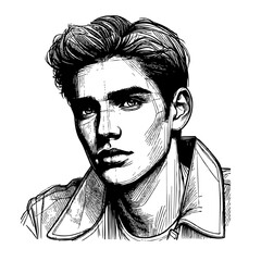 Portrait of handsome young man hand drawn ink pen on white background, vector sketch illustration cartoon guy for design beauty salon, fashion journal, barber shop, line art avatar