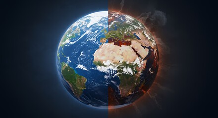 Naklejka premium Earth Divided Climate Change Concept Showing Healthy Planet and Damaged Globe