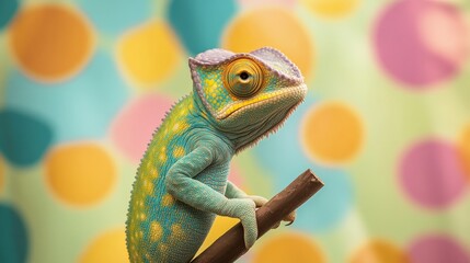 A chameleon camouflaged against a polka-dot background, looking embarrassed for failing to blend in properly.