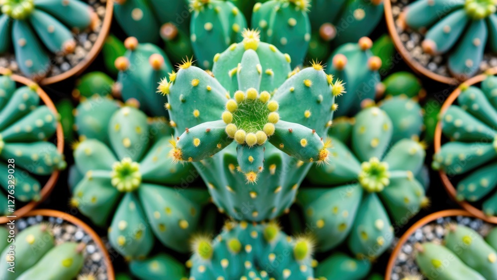 Poster top view of green cactus plants in multiple pots with distinctive shapes and textures on a bright ba