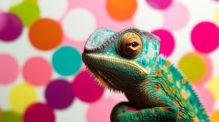 A chameleon camouflaged against a polka-dot background, looking embarrassed for failing to blend in properly.