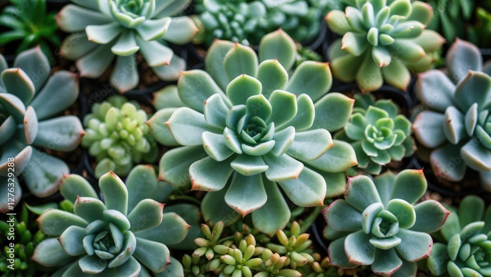 Poster various succulent plants arranged in a decorative display showing diverse shapes and colors in a clo