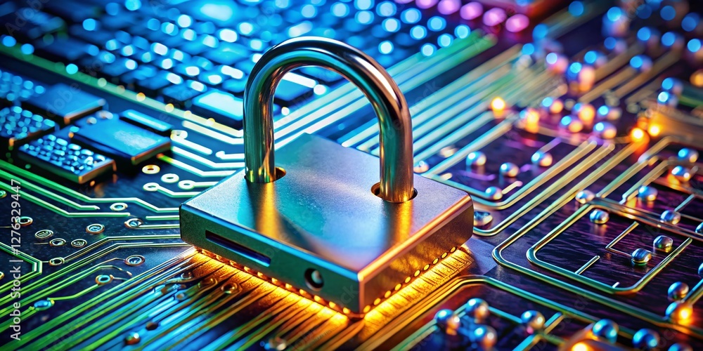Poster secure data protection: padlock on keyboard with online security concept