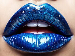 Sensual Lips with Dripping Blue Glossy Lipstick & Metallic Glitter - Stock Photo