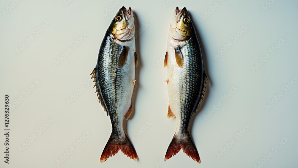 Poster two whole fresh fish on a light background displaying distinctive features and details of their scal