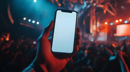 A Hand Holding Smartphone at a Concert with Bright Stage Lights and a Crowd of People