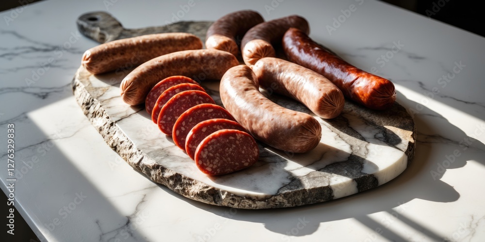 Aufkleber assorted cured sausages arranged on a marble cutting board with sunlight casting shadows on a white 