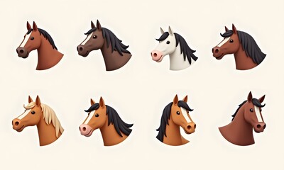 Eight friendly horse head portraits in brown and white tones 