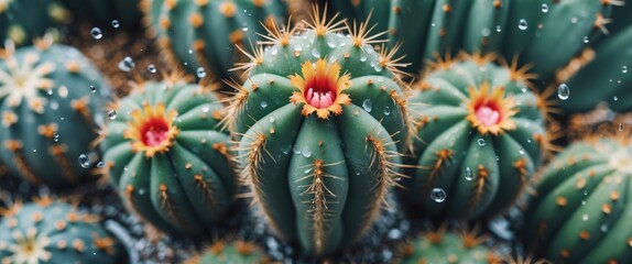 Fototapeta premium Close-up view of green cacti with vibrant flowers and water droplets on spines in a natural desert environment.