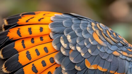 Obraz premium Black-and-orange bird wing feathers close-up, blurred background, nature texture