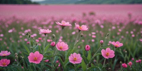 Obraz premium Pink flowers in a blooming field with soft focus background and a scenic landscape under natural light
