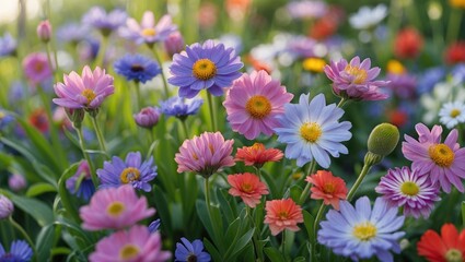 Fototapeta premium Colorful wildflower garden with various blooming flowers in different shades and sizes under natural sunlight.