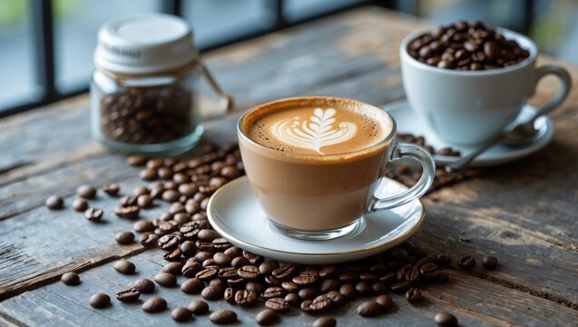 Coffee cup with latte art on wooden table surrounded by coffee beans and a jar of whole coffee beans in background