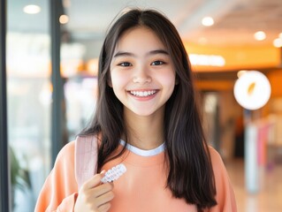 Smiling Young Woman Holding Clear Dental Aligners for Teeth Straightening and Health Improvement
